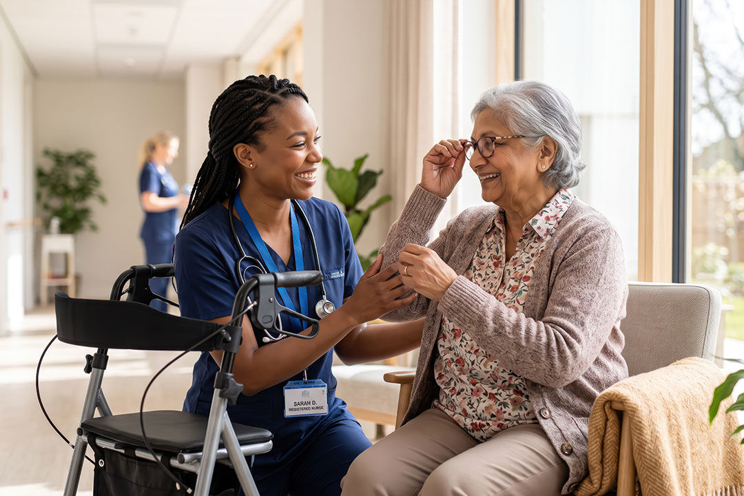 Elderly woman sitting and talking to healthcare aide.