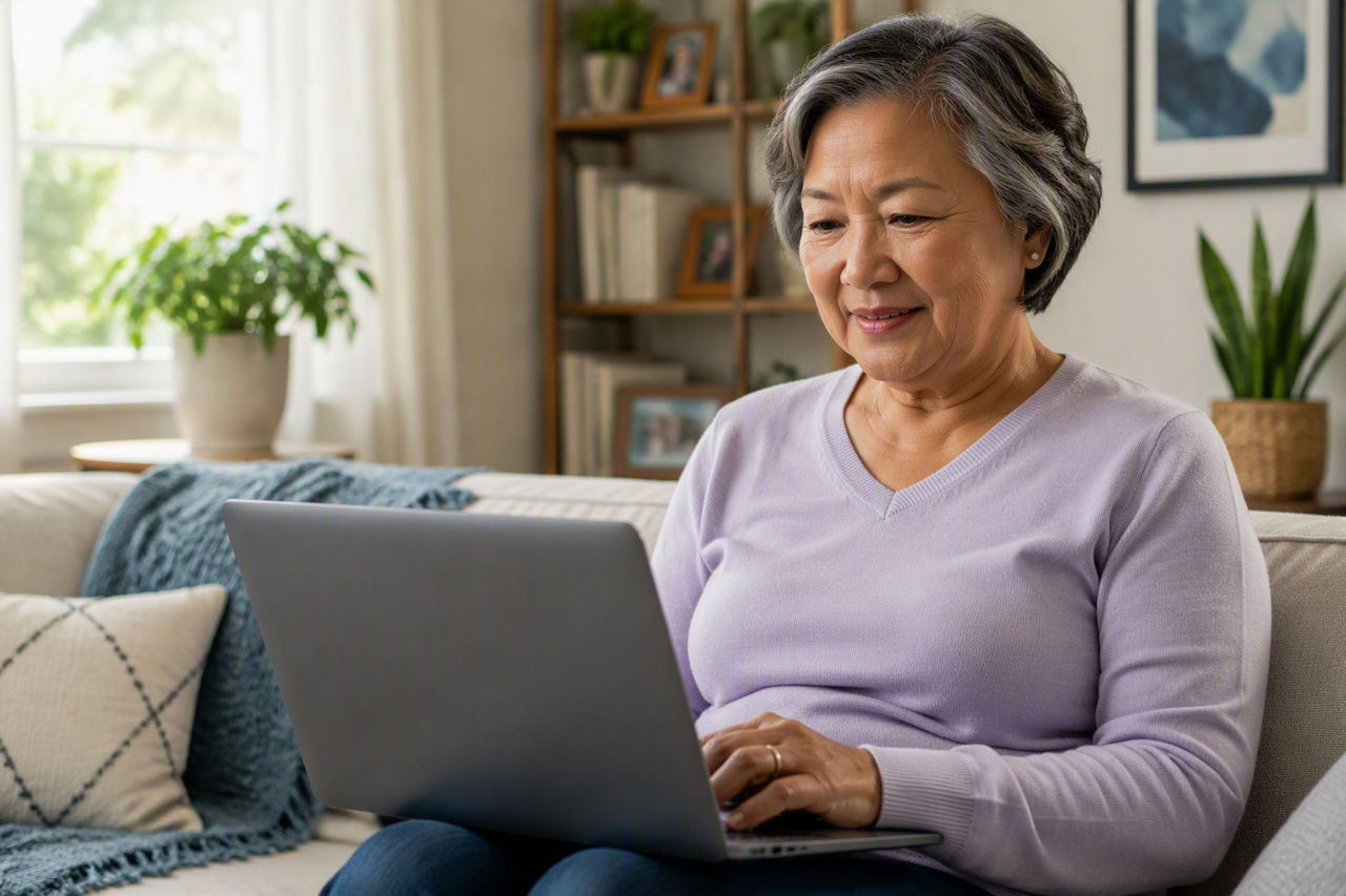Woman on sofa at home using laptop